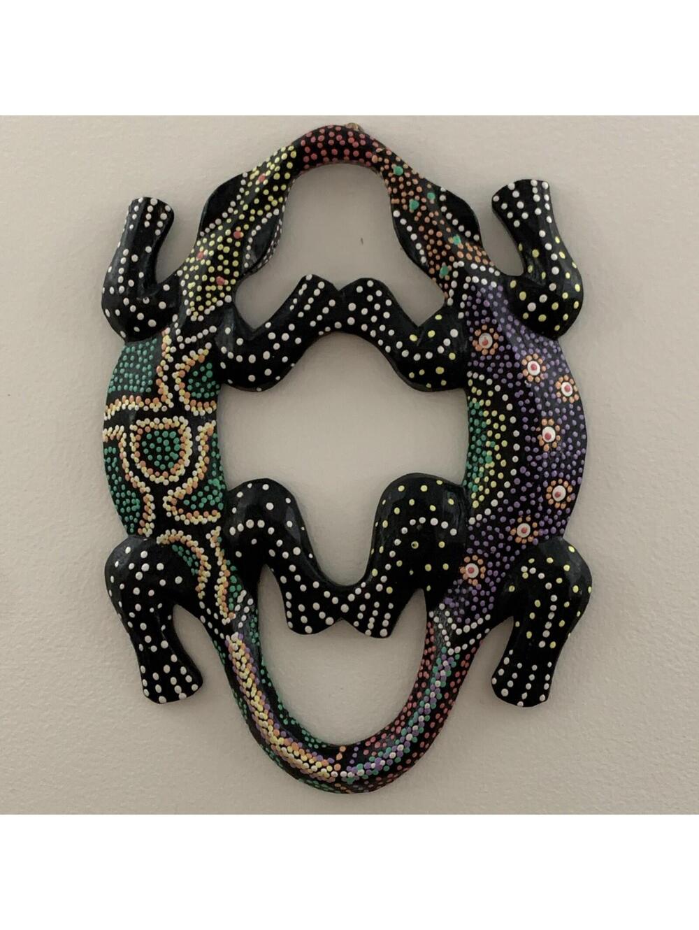 Hand Carved Indonesian Double Gecko Wall Art Dot Paint Decor Native